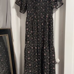 white birch Black Maxi Dress with Pink Floral Print